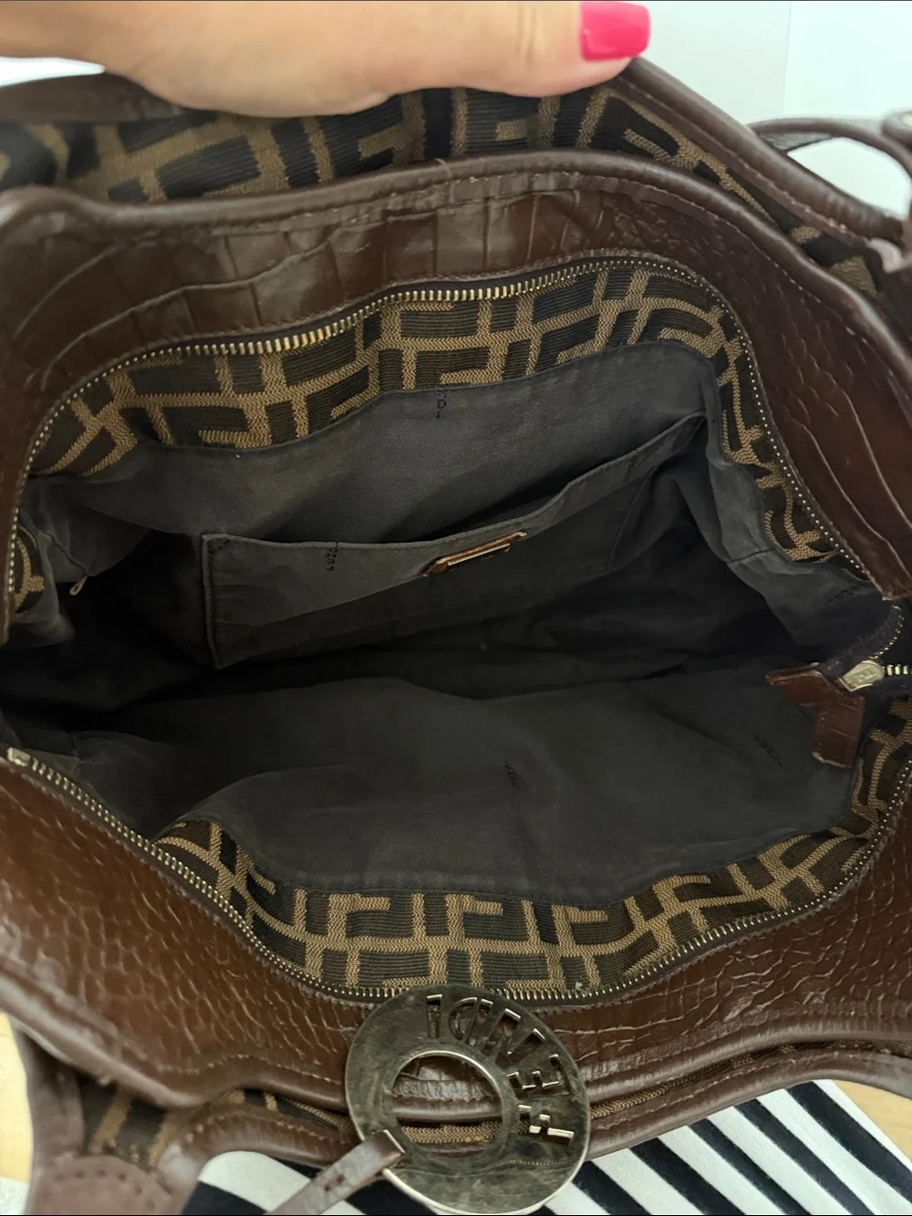 Fendi Brown Monogram Canvas Shoulder Bag with Logo Charm